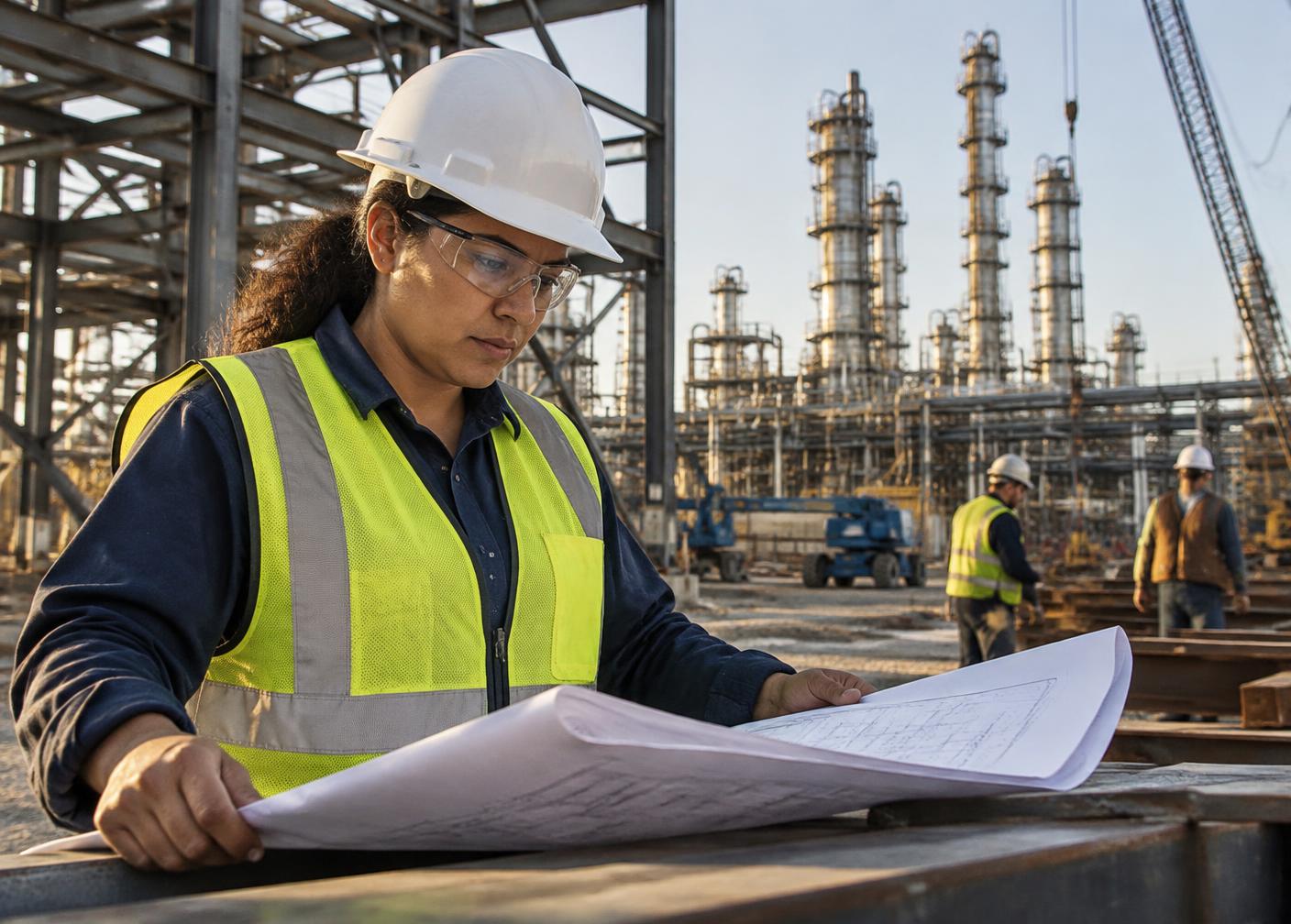 Contractor reviewing construction drawings at a Houston industrial project